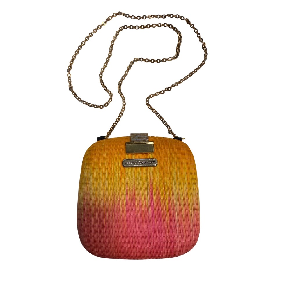 Rebecca Minkoff Orange Pink Ombre Woven Straw Minaudiere‎ Shell Clutch Bag